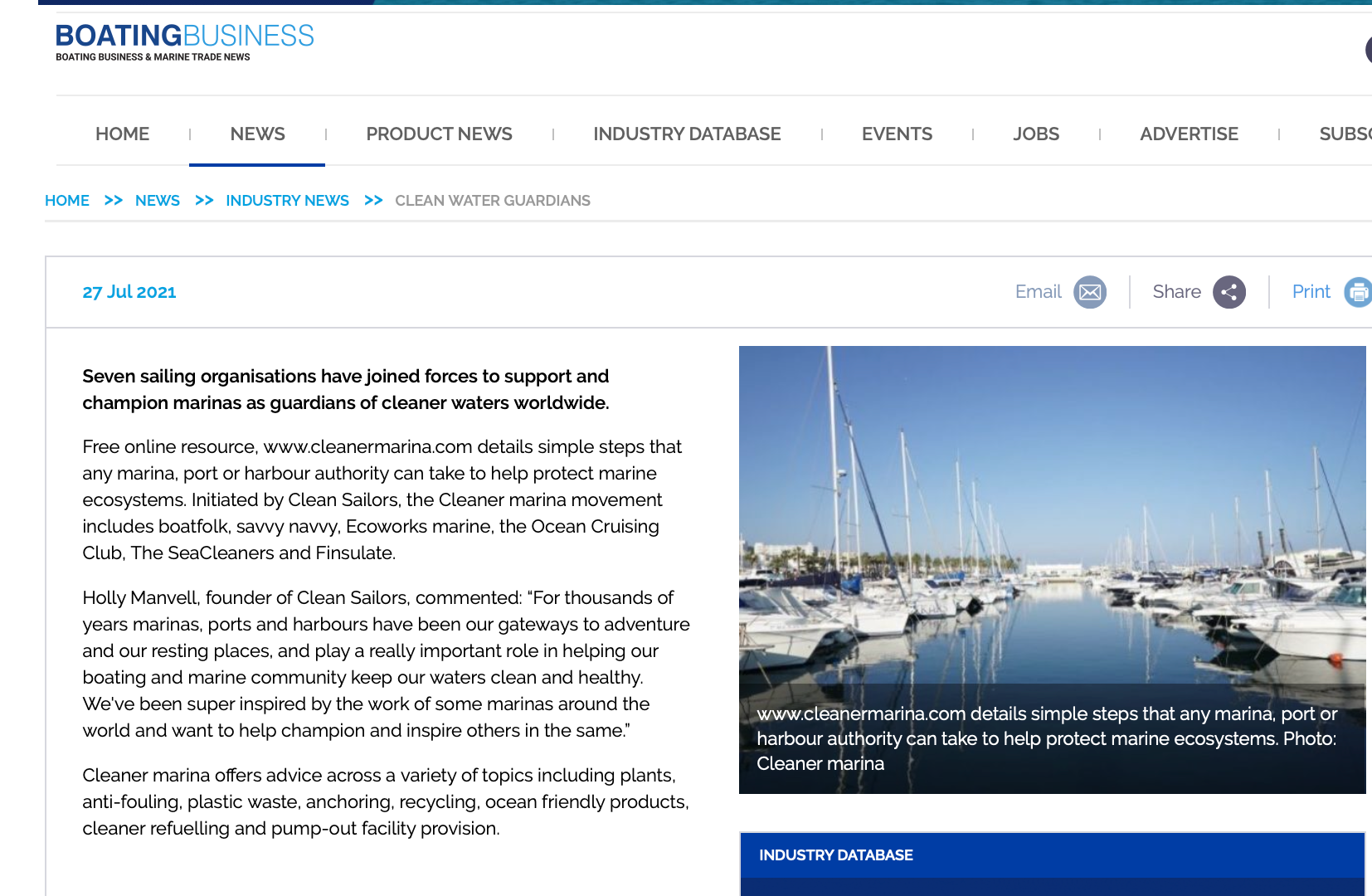New initiative, Cleaner marina, featured by Boating Business